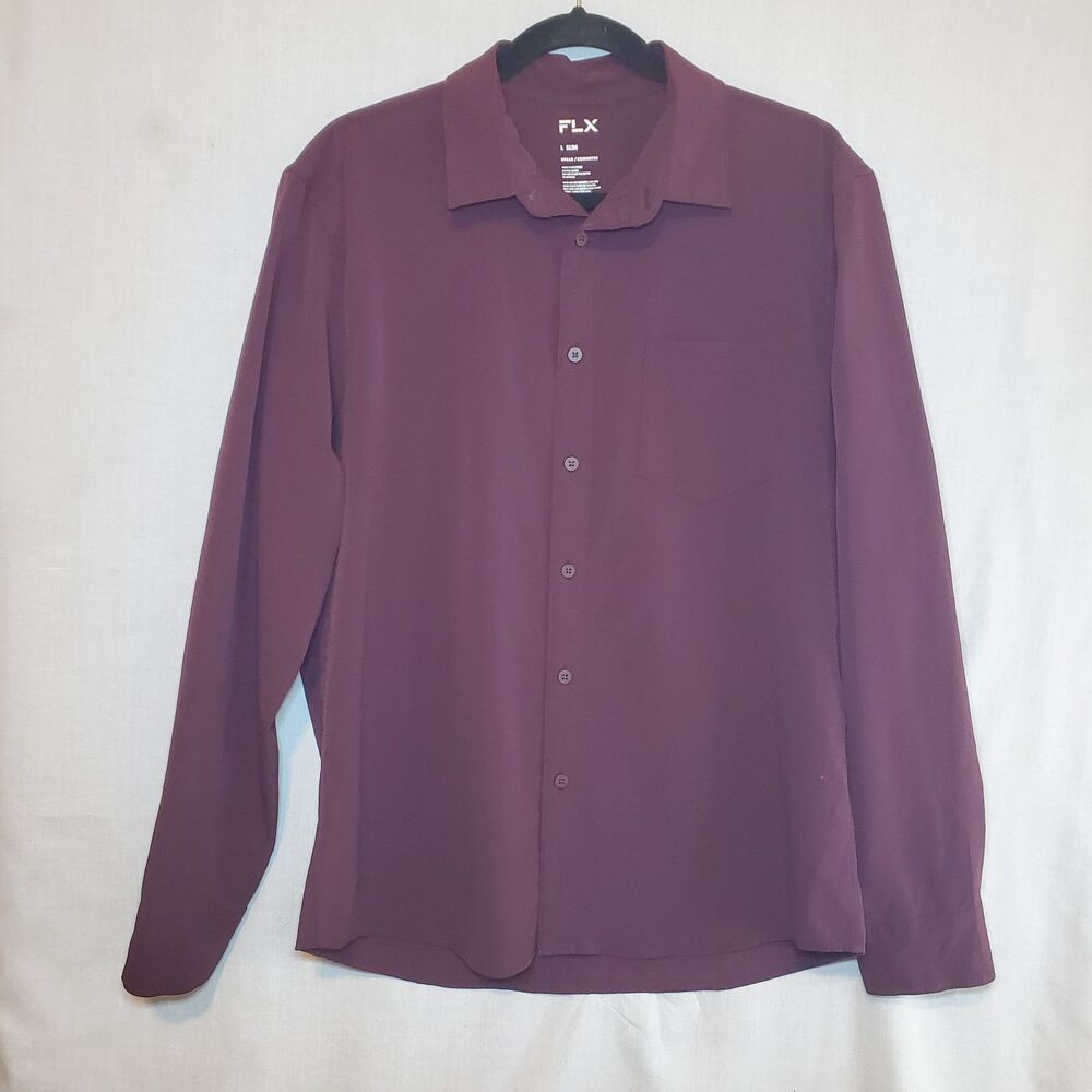 FLX Urban/Commuter Maroon Long Sleeve Shirt Button Down Quick Dry Mens L Slim